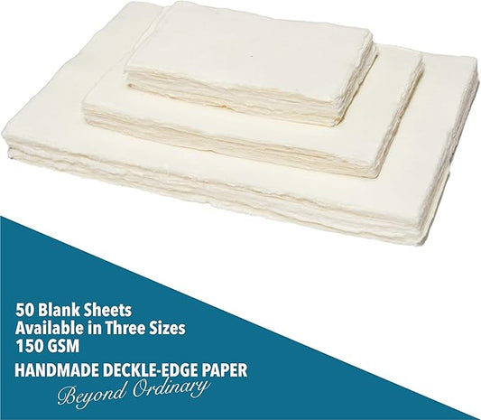 Wanderings Handmade A6 Cream Mixed Media Paper with Deckle Edge - 4x6-150 GSM -Colored Cold Press Textured Paper Made with Recycled Cotton for Crafts Card Making Sketching Watercolor - 50 Sheets