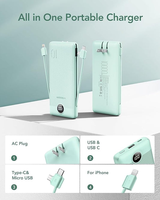 VEGER Portable Charger for iPhone with Built in Cables and Wall Plug, 10000mah Slim Fast Charging USB C Power Bank, Travel Essential Battery Pack Compatible with iPhone, iPad, Samsung etc(Green)