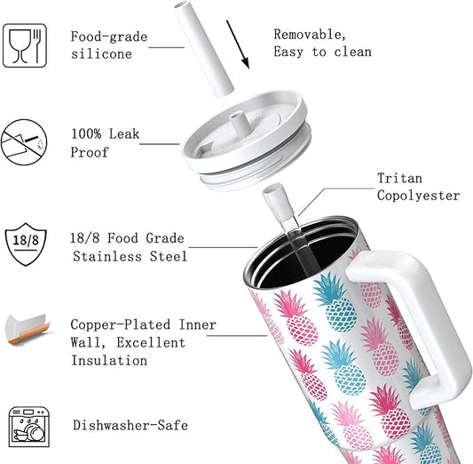 TILUCK 30 oz Tumbler with Handle, Vacuum Insulated Stainless Steel Travel Mug with 100% Leak-Proof Silicone Straw Lid, Cupholder Friendly Water Bottle(Pineapple, 30oz)