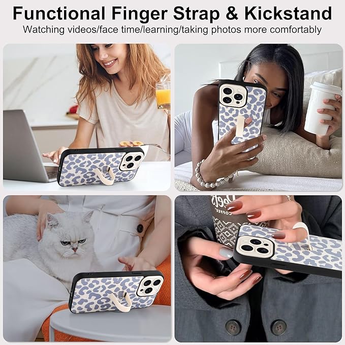 Compatible with iPhone 13 Pro Max Case with Finger Hand Strap Kickstand, Trendy Cool Leopard Cheetah Print Phone Case for Women Men, Full Camera Protection Shockproof Protective Cover, White