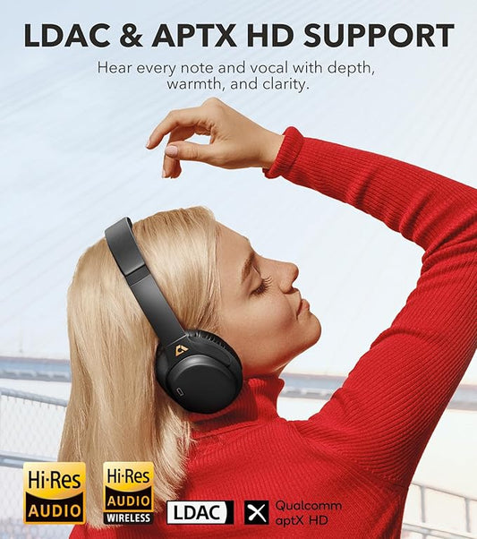 1Mii E700 Wireless Bluetooth Over Ear Headphones with Active Noise Canceling, Hi-Res Audio LDAC/aptX Low Latency for Airplane Travel Overhead Comfort, 54H Playtime, Custom EQ via App - Black