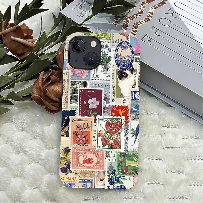 Case for iPhone 14 Plus,Vintage Stamp Collage for Woman Men Full Body Protective Cover Shockproof 2 in 1 Silicone + Hard PC Case for iPhone 14 Plus