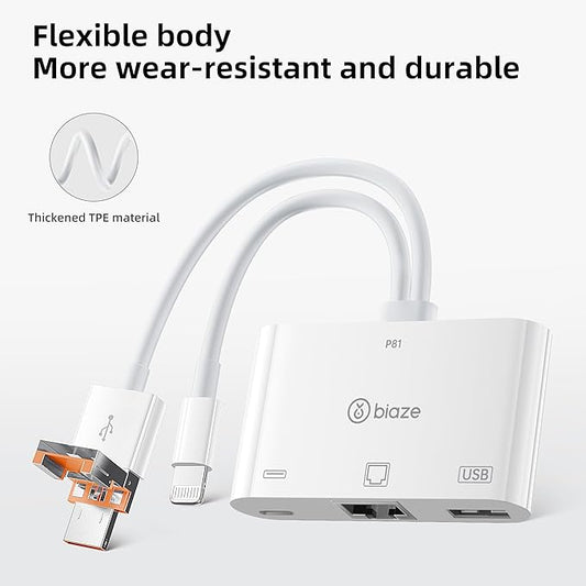 USB to Ethernet Adapter, 3 in 1 RJ45 Ethernet LAN Network Adapter with Charging Port and USB Port Compatible with iPhone 16/15, Laptop, MacBook, PC with Windows(RJ45 3-in-1 USB HUB)