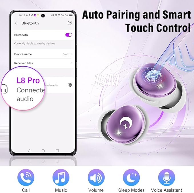 Sleep Earbuds Bluetooth 5.4 in Ear Smart Touch Screen Ear Buds, 48H Playtime Mini Sleep Headphones Small Design for Side Sleepers, Crystal-Clear Calls, 5 EQ Modes, IPX7 Waterproof Earphone Purple