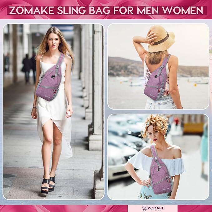 ZOMAKE Sling Bag,Small Crossbody Sling Backpack,Water Resistant Shoulder Daypack for Travel,Anti Thief Chest Bag for Hiking(Light Purple)
