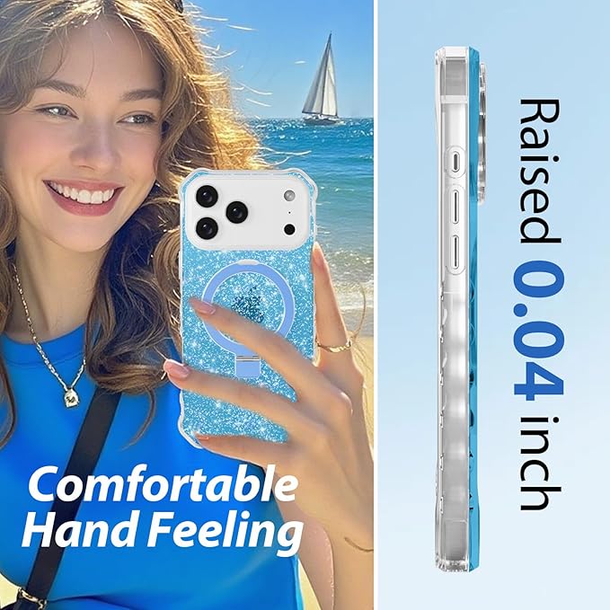 Magnetic for iPhone 17 Pro Case with Invisible Stand, Compatible with MagSafe, Clear Bling Sparkle Shockproof Slim Anti-Slip Military Drop Protection Hard Phone Case 6.3" Glitter Blue