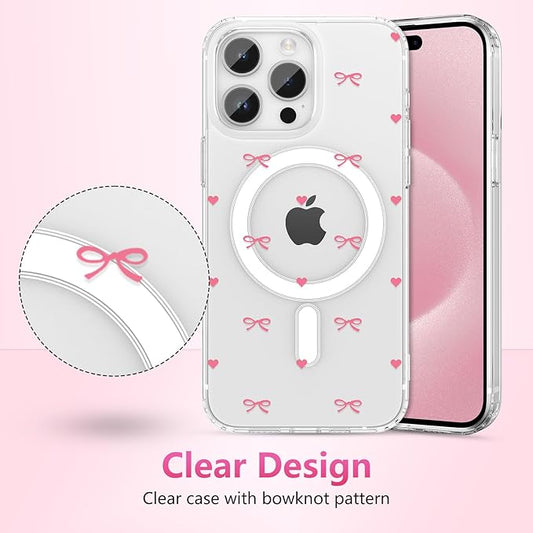 ZTOFERA for iPhone 14 Pro Magnetic Case Clear,Cute Love Heart Ribbon Bow Tie Aesthetic Phone Case,Transparent Trendy Slim Soft Shockproof Protective Phone Cover for Women Girls,Rose Pink