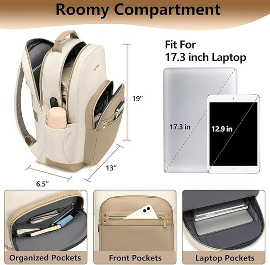 Laptop Backpack for Women Girls Bookbag - 17.3 Inch School Backpacks with USB Charging Port for Teen Students College Nurse Book Bag Work Teacher Back Pack Waterproof Casual Travel Daypack Khaki Beige