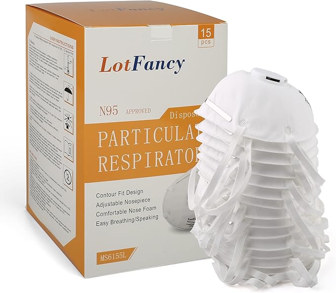 LotFancy NIOSH N95 Mask, 15PCS Particulate Respirator with Breathing Valve, Disposable Air Filter Masks Against Dust, Pollution, Particle, Face Mask for Woodworking, Construction
