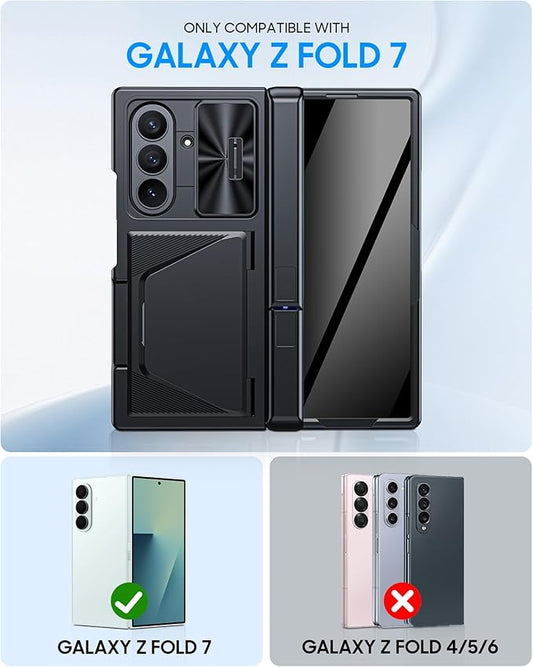 for Samsung Galaxy Z Fold 7 Case with Card Holder RFID Blocking & Privacy Screen Protector & Slide Lens Cover & Hinge Protection & Kickstand, Shockproof Wallet Case for Z Fold 7 (Black)