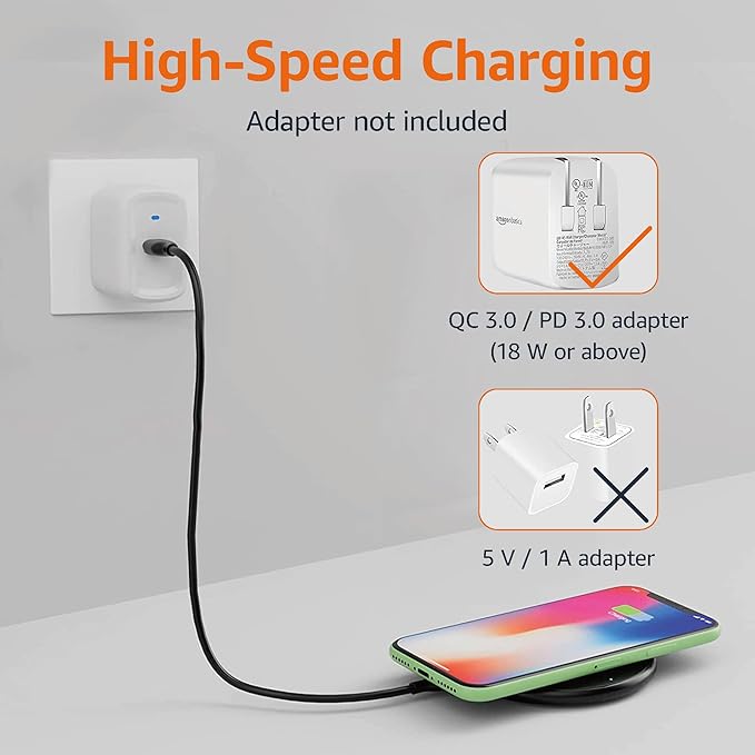 Amazon Basics 15W Qi Certified Wireless Charging Pad for iPhone 16/15/14/13/12/11/X, Samsung and More, with USB Cable, Black