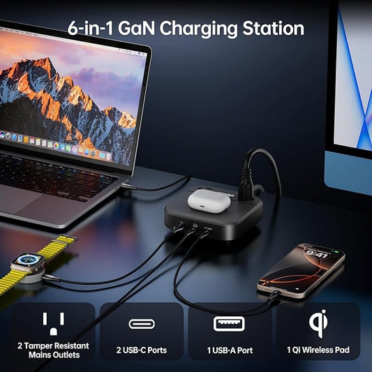 67W Charging Station for Multiple Devices, 6-in-1 Desktop Power Hub with Wireless Charger for iPhone, 2AC Outlets, 1 USBA, 2 USBC 45W Fast Charging for iPad Samsung Android Devices, Black