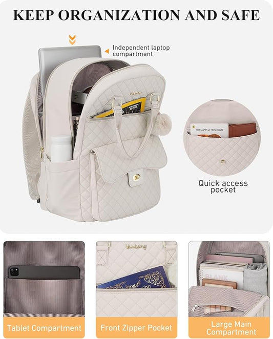 Teen Girls Backpack Aesthetic Bookbag for School, Women Laptop Bag with Charging Hole for Work Travel Middle High School Big Student, Beige