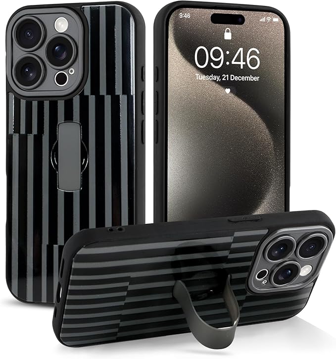 Compatible with iPhone 15 Pro Case with Finger Hand Strap Kickstand, Trendy Cool Striped Phone Case for Women Men, Full Camera Protection Shockproof Protective Cover, Black Stripes