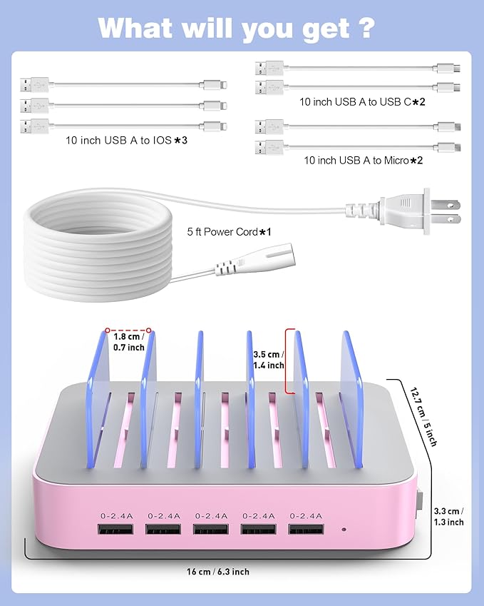 MSTJRY Charging Station for Multiple Devices : 5 Port Multi USB-A Charger Stations Multi-Device Organizer Charging Dock Designed for iPhone iPad Cell Phone Tablets (7 Short Cables Included), Pink