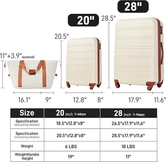 Merax Luggage Sets Carry on Suitcase Airline Approved,Hard Case Expandable Spinner Wheels, White and Brown, 3-Piece Set (20+28IN+Bag)