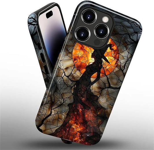 Case for iPhone 14 Pro Case,Halloween Witch Moon Stained Glass Design Hybrid Dual Protection Silicone + Hard PC Shockproof Full Body Cover Slim Anti-Scratch Protective Case for Men Women