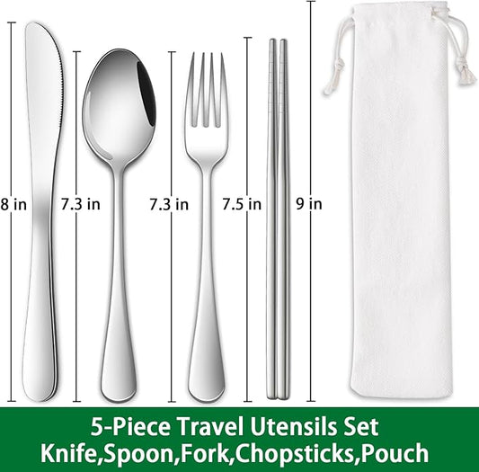 Travel Utentils Set With Pouch,Reusable Portable Camping Silverware Set Knife Spoon Fork Chopsticks For Picnic,Travel Accessories Gadgets,Picnic Essentials