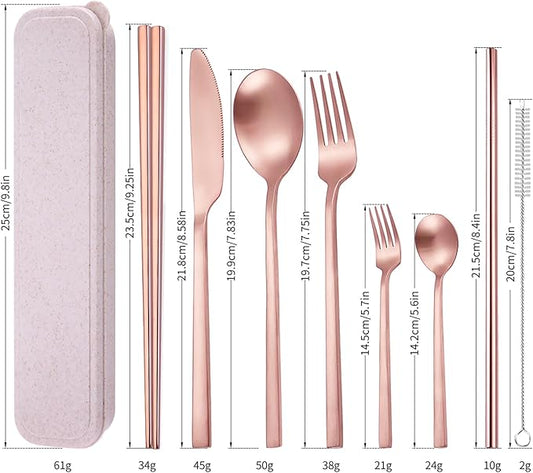 AARainbow 8 Pieces Stainless Steel Flatware Set Portable Reusable Cutlery Set Travel Utensils Set Including Chopsticks Knife Fork Spoon Straws Cleaning Brush Dishwasher Safe (B-Rose Golden)
