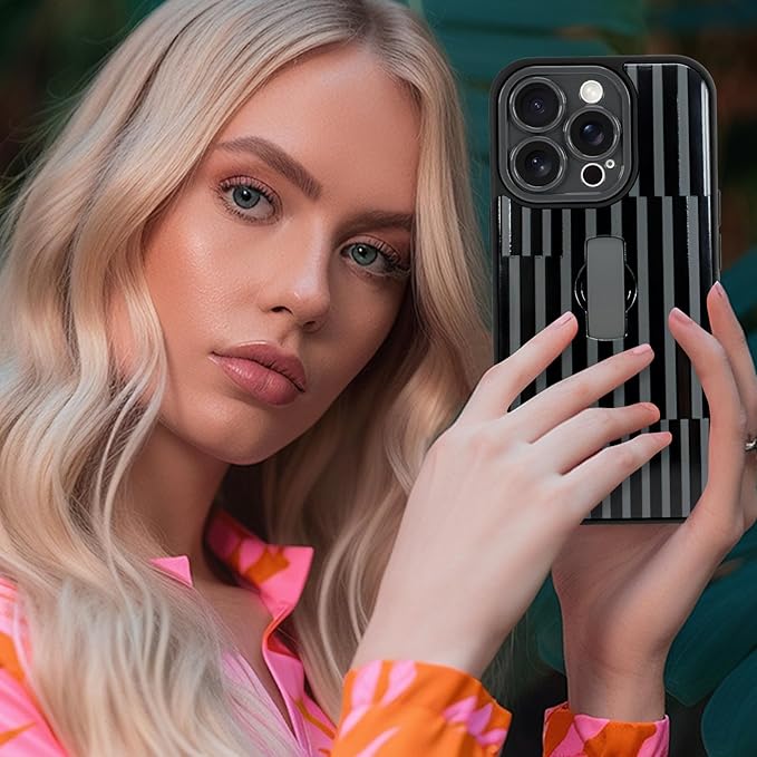 Compatible with iPhone 14 Pro Case with Finger Hand Strap Kickstand, Trendy Cool Striped Phone Case for Women Men, Full Camera Protection Shockproof Protective Cover, Black Stripes