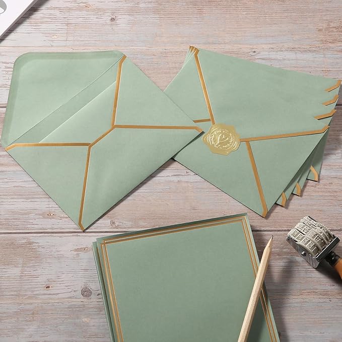 50 Pack Stationery Set with Gold Border, A6 Envelopes and 6x8 Paper Sheets and Stickers for Writing Letters (Sage-Green, 6x8 Inches)