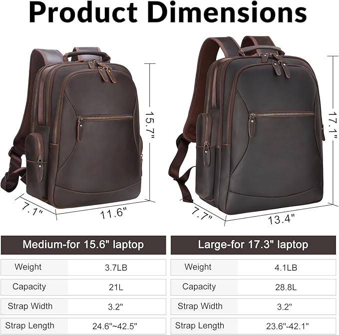 TIDING Vintage Full Grain Leather 15.6 Inch Laptop Backpack for Men Large Capacity Travel Rucksack Weekender Camping Daypacks