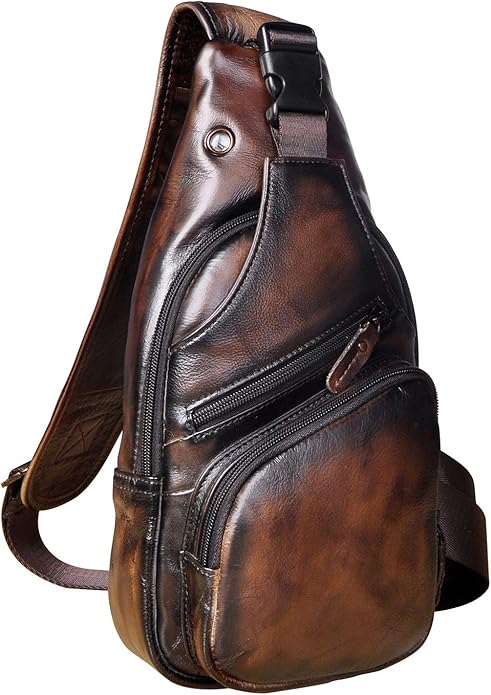 Le'aokuu Men Fashion Casual Tea Designer Travel Hiking Crossbody Chest Sling Bag Rig One Shoulder Strap Bag Men Leather 8015