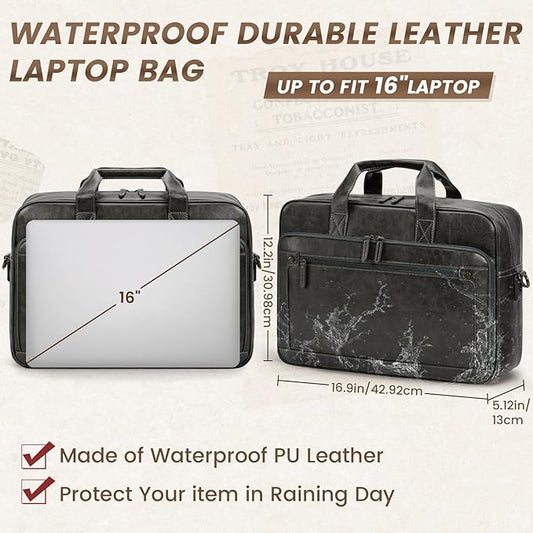 RAINSMORE Mens Laptop Bag 16 Inch Leather Briefcase Vintage Messenger Bag for Men Large Crossbody Shoulder Office Computer Bag Retro College Satchel for Work, Business,Travel, Grey