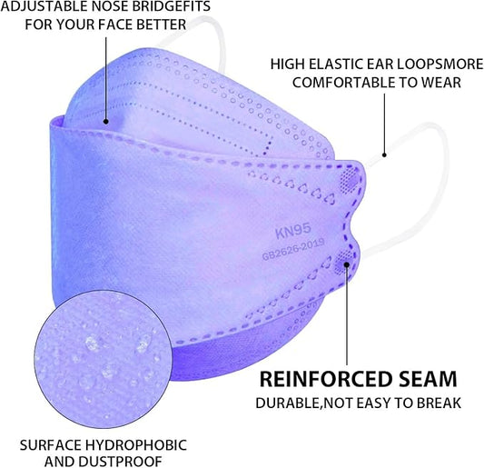 KN95 Face Masks for Adults 50 Pack, Individually Wrapped, 5-Ply Purple Disposable Face Mask Against PM 2.5 Smoke & Dust, Filtration Efficiency 95%
