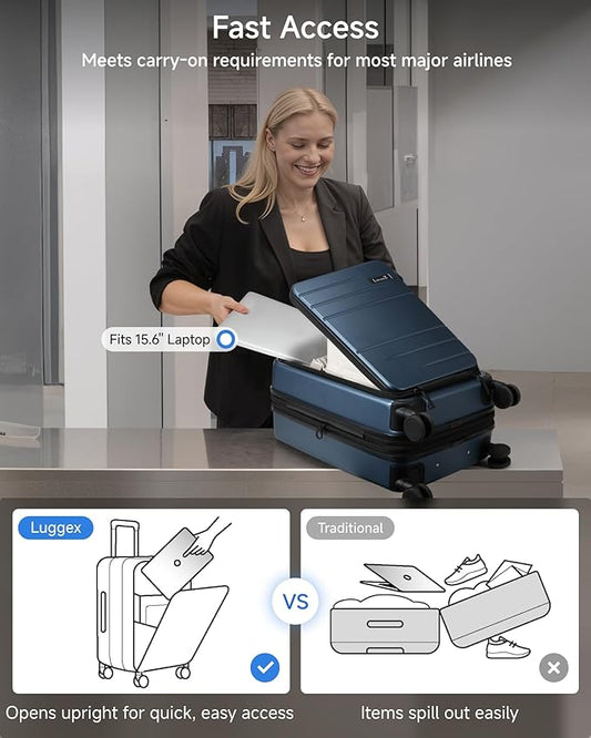 LUGGEX Carry On Luggage 22x14x9 Airline Approved, Expandable Polycarbonate Suitcase with Front Pocket (Blue, 20 Inch, 38L)