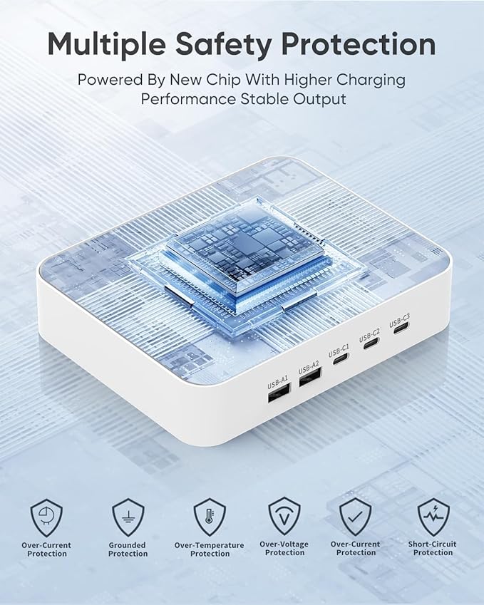 MSTJRY USB C Charging Station for Multiple Devices : 90W 5 Ports Multi Fast Charger for iPhone iPad Tablets Phone Airpods - Charging Dock Organizer with Adjustable Dividers for Home Office Classroom