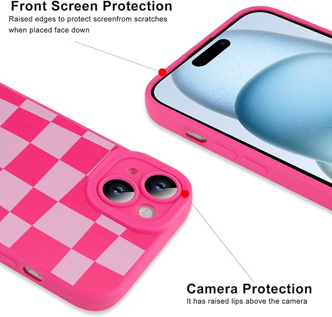 ZIYE for iPhone 15 Plus Case Hot Pink Grids Plaid Checkerboard Pattern Phone Case with Camera Protection,Soft TPU Silicone Rubber Protective Cover Grid Checkered Chess Design Cases