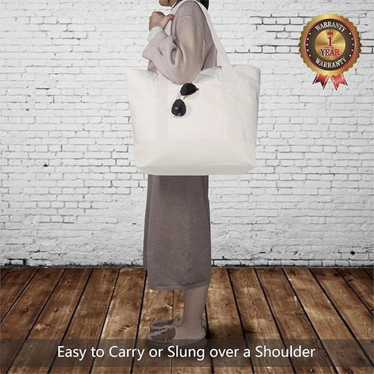 TOPDesign 3-Pack Canvas Tote Bags with an External Pocket, Reusable Grocery Shopping Bags, Top Zipper Closure, Daily Essentials (Natural)