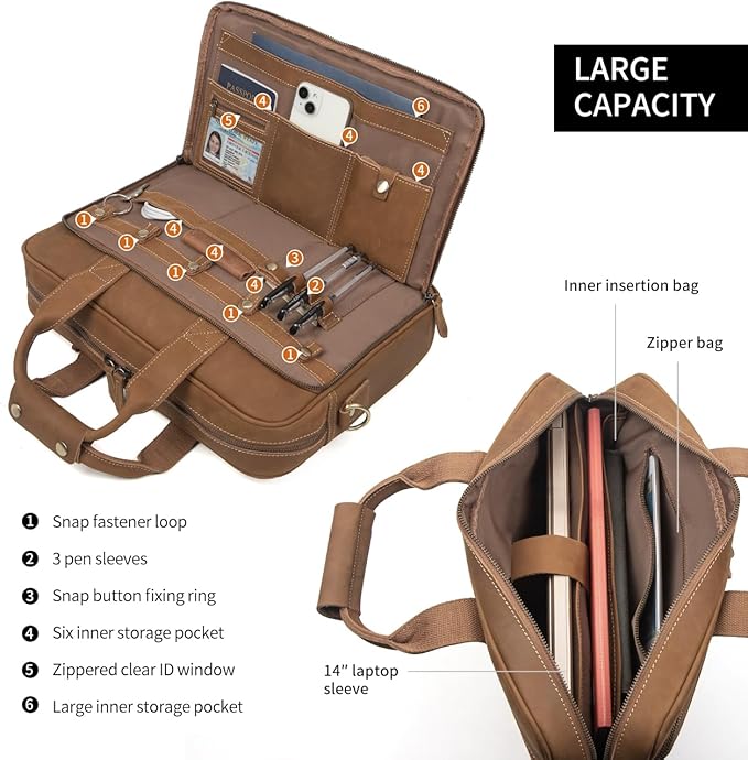 Augus Leather Messenger Bag for Men Vintage Travel Backpack 17 inch laptop Briefcase Shoulder Bags