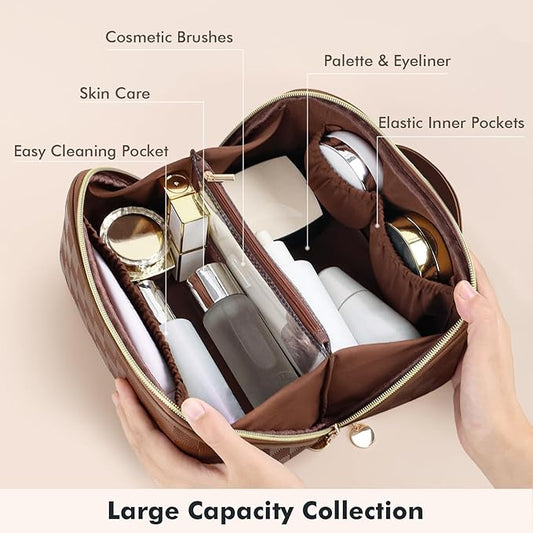 Prite Makeup Bag for Women Travel Waterproof Vegan Leather Cosmetic Bag Open Flat Toiletry Bag With Clear Divider and Handle (Plaid Brown)