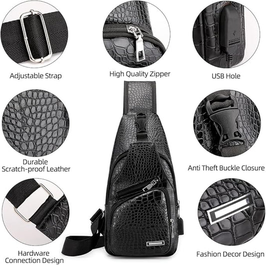 Peicees Leather Sling Bag Mens Crossbody Bag Chest Bag Sling Backpack for Men with USB Charge Port