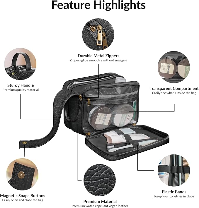 Dot&Dot Leather Toiletry Bag for Men Women - Spacious Womens Mens Toiletry Travel Bag, Large Travel Toiletries Bags (Black Croc, Large)