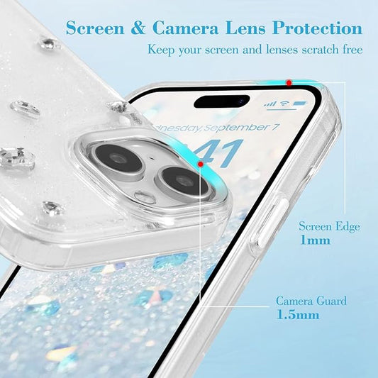 EYZUTAK Case for iPhone 15, Bling Glitter 3D Diamond Phone Case Cute Sparkly Crystal Clear Aesthetic Design Case Slim Soft Durable TPU Transparent Protective Cover for Women Girls - Crystal
