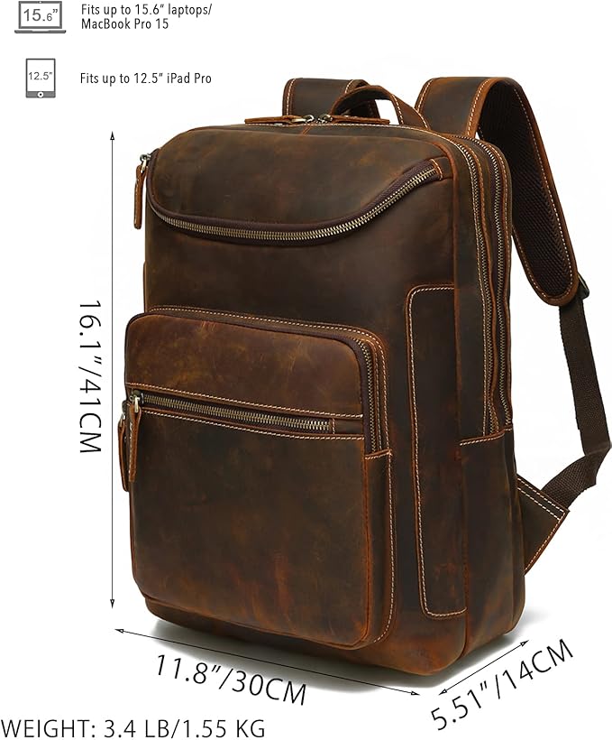 LANNSYNE Vintage Genuine Leather 16" Laptop Backpack For Men Hiking Travel Bag Camping Rucksack