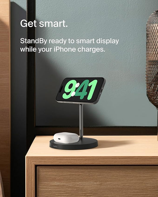 Belkin MagSafe 2-in-1 Wireless Charging Stand for Apple iPhone 13, 14, 15, 16, & AirPods - Fast Charging Station for Multiple Devices - Black