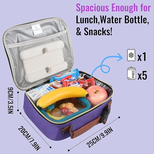 Genteen Lunch Box for Women Adults Girls - Insulated Small LunchBox Reusable, Zip Closure & Buckle Handle, Portable Cooler for Work, School, Travel (Purple)