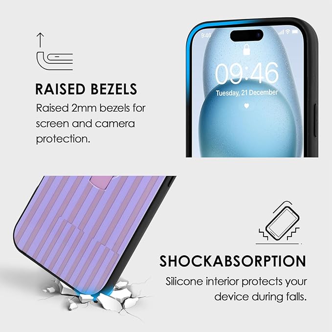 Compatible with iPhone 15 Case with Finger Hand Strap Kickstand, Trendy Cool Striped Phone Case for Women Men, Full Camera Protection Shockproof Protective Cover, Purple Stripes