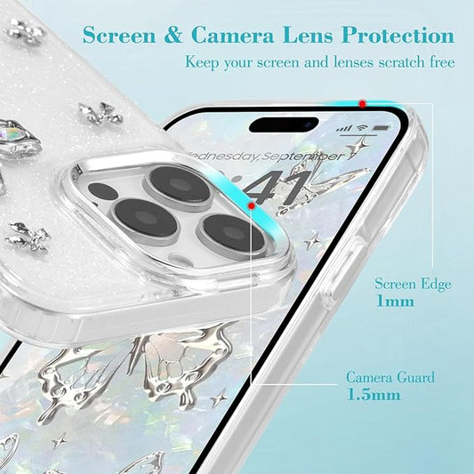 EYZUTAK Case for iPhone 12 Pro Max, Bling Glitter 3D Butterflies Bowknot Phone Case Cute Crystal Clear Bow Aesthetic Case Slim Soft Durable TPU Transparent Protective Cover for Women Girls - Butterfly