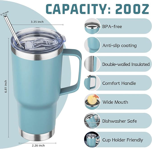 20 oz Tumbler with Handle Stainless Steel Insulated Coffee Mug Tumbler with Lid and Straw Double Wall Vacuum Insulated Coffee Mug Leak Proof Travel Tumbler for Hot and Cold Drink(Azure Blue,4pack)