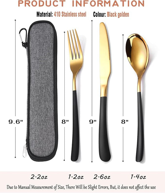 MURRI&MURRDI Stainless Steel Cutlery Set for 1, Reusable Flatware Set with Case, Cutlery Set for Work Stainless Steel Knife Fork Spoon Set 3 Piece (B- 3 Black Gold)