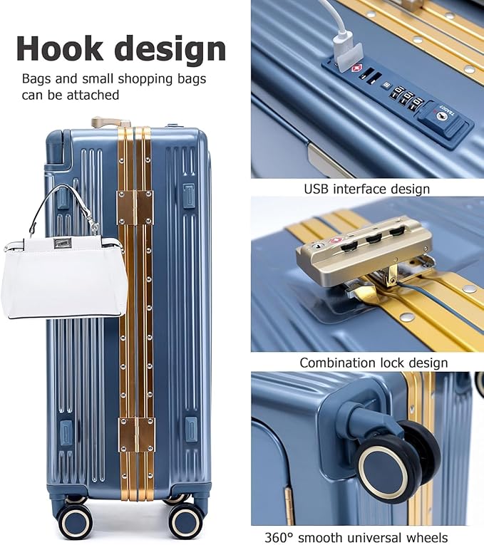 feilario 20" Aluminium Frame Hardside PC Carry on Luggage - Wide Handle Double Spinner Wheels Suitcase with TSA lock