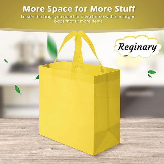 Reginary Reusable Totes Bags - 100 Pcs Non Woven Grocery Handle Bags for Shop Events & Retail Store(Yellow)