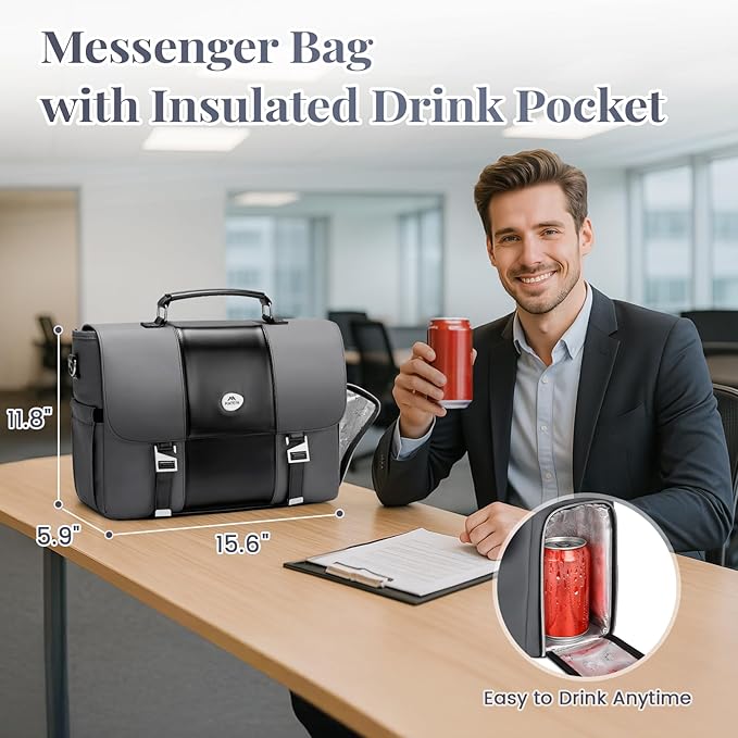 MATEIN Messenger Bag for Work with Cooler, Stylish PU Leather 15.6 Inch Men's Laptop Bag Briefcase with USB Charging Port, Waterproof Business Computer Crossbody Shoulder Satchel for Office Commuting