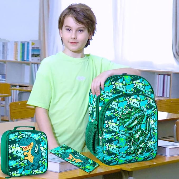 CCJPX 3PCS Dinosaur Backpack for Boys, 16 Inch Kids Preschool School Bookbags, Cool Elementary Kindergarten Backpacks and Lunch Box