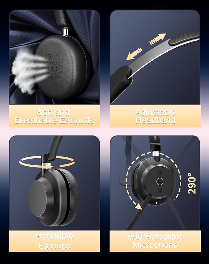 Bluetooth Wireless Headset with Mic for Work - Wireless Headphones for PC, Office, Call Center, Noise Reduction Mic, 2.4Ghz USB Dongle & Bluetooth 5.3, Lightweight & Comfortable for Online Class